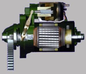 Motor de partida em funcionamento: o induzido transfere a energia para o bendix, que ao mesmo tempo é empurrado pela alavanca do automático, conectando o bendix com a cremalheira e transferindo o giro para o motor