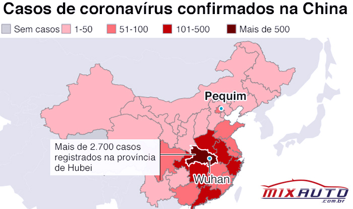 Infográfico com mapa de casos de coronavírus confirmados na China