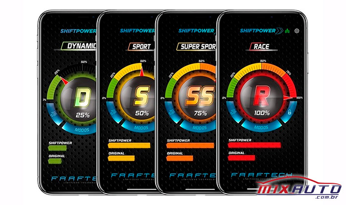 Shiftpower apresentado em seus modos de condução por aplicativo na tela dos smartphones