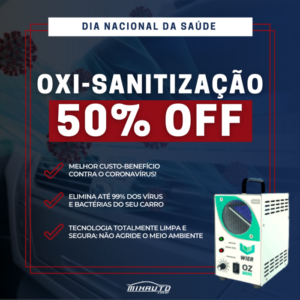 Banner promocional da Oxi-sanitização com 50% de desconto na Mix Auto Center traz imagem da máquina de ozônio e três benefícios do serviço
