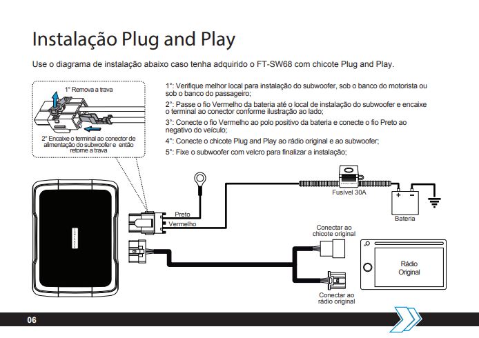 Manual de Instalação do Subwoofer Slim Ativo Faaftech FT-SW68 mostra Instalação Plug And Play sem cortes de fios